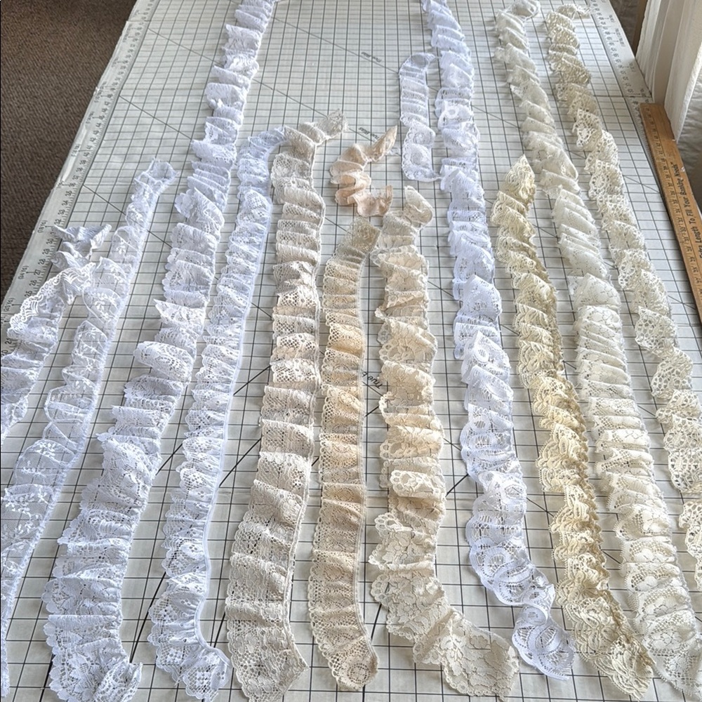 Lace/Ruffle/Trim Collection, each ~2" wide, most 1 yard+, white, beige, ecru